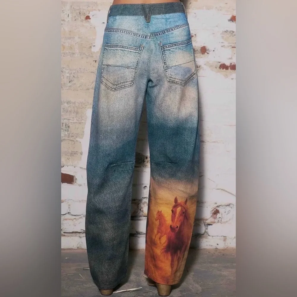 Women’s Blue Graphic Wide-Leg Jeans with Horse Print -small - Picture 5 of 8